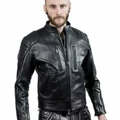 Mister B Leren Biker Jas Zwart Met Zwarte Strepen