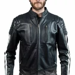 Mister B Leren Biker Jas Zwart Met Witte Strepen