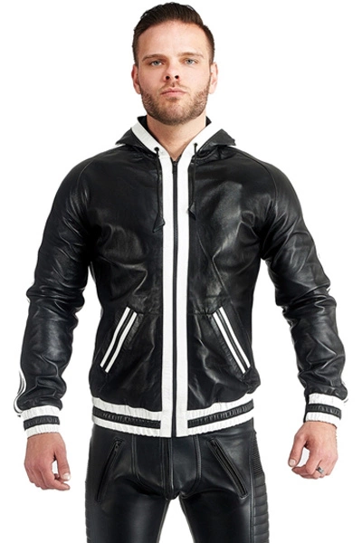 Mister B Leren Trainingsjack Capuchon Witte Strepen 3 Mister B Leren Trainingsjack Capuchon Witte Strepen