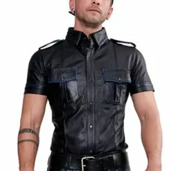 Mister B Leren Politie Shirt Korte Mouw Blauwe Bies