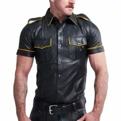 Mister B Leren Politiehemd Korte Mouw Gele Bies